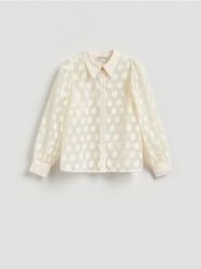 Koszula w grochy - kremowy. Białe koszule damskie Reserved, l, bez wzorów, z tkaniny, bez kołnierzyka, bez ramiączek. Za 159.99 zł.