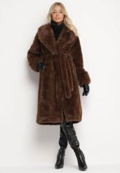 Brązowy Futerkowy Płaszcz z Szerokim Kołnierzem i Mankietami z Wiązanym Paskiem Viaruna. Brązowe płaszcze damskie Born2be, l, bez wzorów, z dzianiny, eleganckie. Za 349.99 zł.