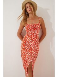 Happiness Istanbul Sukienka w kolorze pomarańczowo-białym rozmiar: 38. Białe sukienki damskie Happiness Istanbul, bez wzorów, bez kołnierzyka, bez ramiączek, midi. Za 52.17 zł.