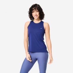 Koszulka fitness damska Domyos bez rękawów. Czarne bluzki sportowe damskie DOMYOS, l, bez wzorów, z elastanu, bez ramiączek. Za 39.99 zł.