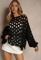 Czarny Nietoperzowy Sweter z Dzianiny z Wełną o Ażurowym Splocie Filarasea. Czarne swetry klasyczne damskie Renee, z dzianiny, bez kołnierzyka. Za 119.99 zł.