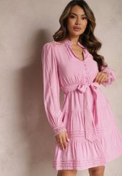 Różowa Rozkloszowana Sukienka z Koronkowymi Wstawkami i Wiązaniem w Talii Padria. Czerwone sukienki damskie Renee, na co dzień, l, bez wzorów, z koronki, eleganckie, bez kołnierzyka, bez ramiączek, mini, kopertowe. W wyprzedaży za 151.99 zł.