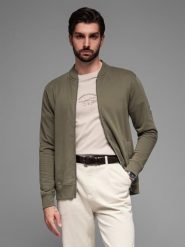 Bawełniana rozpinana bluza męska dresowa bomberka – khaki V1 OM-SSZP-0215 - XXL. Brązowe bluzy bez kaptura męskie Ombre Clothing, l, z bawełny. Za 119.99 zł.