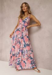 Różowa Sukienka Kydite. Czerwone sukienki damskie Renee, m, bez wzorów, eleganckie, bez kołnierzyka, bez ramiączek, maxi, kopertowe. W wyprzedaży za 69.99 zł.
