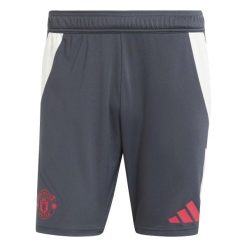 Krótkie spodenki treningowe Manchester United Tiro 2024/25. Niebieskie szorty męskie Adidas, bez kołnierzyka. Za 267.96 zł.