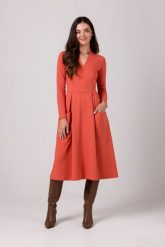 Rozkloszowana Sukienka z Kieszeniami - Ceglasta. Czerwone sukienki damskie MOE, l, bez wzorów, z bawełny, bez kołnierzyka, bez ramiączek, rozkloszowane. Za 344.90 zł.