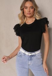 Czarny Bawełniany Top z Ażurowym Wzorem przy Rękawach Malinala. Czarne topy damskie Renee, s, z aplikacjami, z bawełny, bez kołnierzyka. Za 39.99 zł.