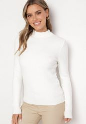 Biały Sweter z Wiskozą i Golfem z Elastycznego Prążkowanego Materiału Nikiella. Białe golfy damskie Born2be, bez wzorów, z materiału, bez ramiączek. Za 84.99 zł.