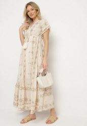 Beżowa Bawełniana Sukienka w Boho Print Rozkloszowana z Metalicznymi Haftami i Frędzlami Divilea. Brązowe sukienki damskie Born2be, na co dzień, l, bez wzorów, z bawełny, boho, bez kołnierzyka, bez ramiączek, maxi, rozkloszowane. W wyprzedaży za 183.99 zł.