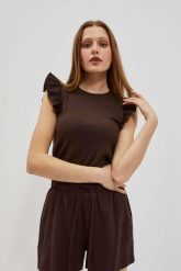 Bluzka z falbaną na ramionach ciemnbrązowa. Bluzy z kapturem damskie MOODO, xs, z elastanu. W wyprzedaży za 19.99 zł.