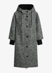 Płaszcz z materiału w optyce tweedu, z mankietami z dzianiny. Czarne płaszcze damskie bonprix, bez wzorów, z dzianiny, eleganckie. Za 349.99 zł.