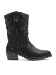 Mustang Kowbojki 1478-503 Czarny. Czarne botki damskie Mustang, z syntetyku, bez obcasa, na słupku, bez zapięcia. Za 279.99 zł.