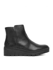 Rieker Botki CEO-X9165-01 Czarny. Czarne botki damskie Rieker, ze skóry, bez obcasa, na koturnie, bez zapięcia. Za 379.99 zł.
