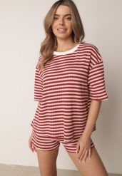 Beżowo-Czerwony Komplet Bawełniany z Dzianiny Szorty i T-shirt o Luźnym Kroju w Paski Proseltte. Brązowe szorty damskie Born2be, bez wzorów, z bawełny, eleganckie. Za 159.99 zł.