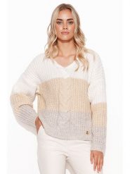 Makadamia Sweter w kolorze kremowo-beżowo-szarym rozmiar: onesize. Brązowe swetry klasyczne damskie Makadamia, z wełny, bez kołnierzyka. Za 162.49 zł.