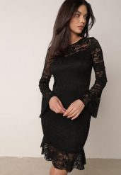 Czarna Koronkowa Sukienka z Wiskozą Zdobiona Falbanami u Dołu i przy Rękawach Prisea. Czarne sukienki damskie Born2be, na co dzień, l, z aplikacjami, z koronki, eleganckie, bez kołnierzyka, bez ramiączek, mini, proste. Za 189.99 zł.