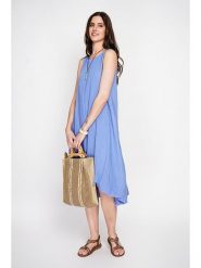 Le Jardin du Lin Lniana sukienka w kolorze błękitnym rozmiar: 42. Niebieskie sukienki damskie Le jardin du lin, bez wzorów, ze lnu, z asymetrycznym kołnierzem, bez ramiączek, midi, asymetryczne. Za 130.99 zł.