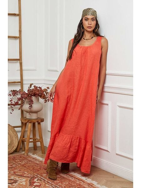 La Compagnie Du Lin Lniana sukienka w kolorze pomarańczowym rozmiar: XL. Pomarańczowe sukienki damskie La Compagnie Du Lin, xl, bez wzorów, ze lnu, bez kołnierzyka, bez ramiączek, maxi. Za 206.91 zł.