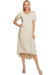 Heine Sukienka w kolorze beżowym rozmiar: 50. Brązowe sukienki damskie Heine, bez wzorów, z bawełny, z asymetrycznym kołnierzem, bez ramiączek, midi, asymetryczne. Za 100.52 zł.