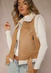 Beżowa Kamizelka w Rockowym Stylu z Futerkiem w Stylu Baranka i Klamrą Tiofira. Brązowe kamizelki damskie Renee, l, z futra. Za 179.99 zł.