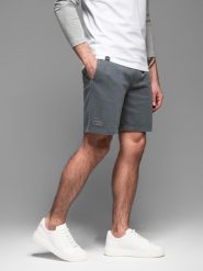 Dresowe krótkie spodenki męskie RELAXED FIT w stylu athleisure – grafitowe V3 OM-SRWS-0122 - XXL. Szare szorty męskie Ombre Clothing, z bawełny, bez kołnierzyka. W wyprzedaży za 59.99 zł.