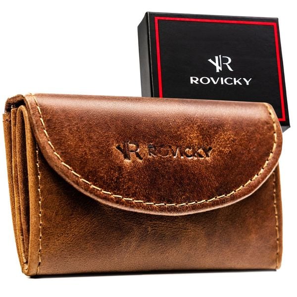Skórzany, brązowy portfel męski wyposażony w system RFID - Rovicky. Brązowe portfele męskie ROVICKY, bez wzorów, ze skóry. Za 34.99 zł.