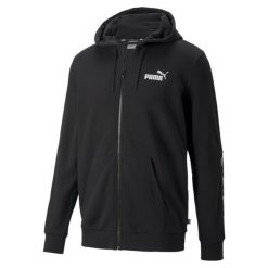 Bluza dresowa męska Puma ESS+ Tape Full-Zip Hoodie TR. Czarne bluzy sportowe męskie Puma, bez wzorów, z bawełny, sportowe, bez kołnierzyka, bez ramiączek. Za 139.09 zł.