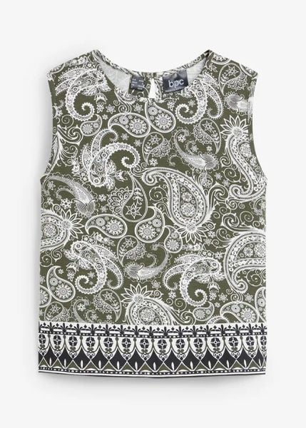 Top w deseń paisley. Zielone topy damskie bonprix, bez wzorów, bez kołnierzyka. Za 54.99 zł.