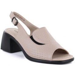 Skórzane sandały damskie na obcasie beżowe Vinceza 26-66920. Brązowe sandały damskie VINCEZA, bez wzorów, z materiału, bez obcasa, na obcasie. Za 179.99 zł.