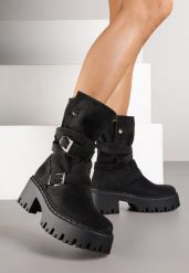 Czarne Botki w Stylu Workerów na Platformie i Słupku Ozdobione Klamrami Tularelle. Czarne botki damskie Renee, z jeansu, eleganckie, bez obcasa, na obcasie, bez zapięcia. Za 179.99 zł.