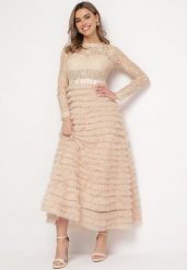 Jasnobeżowa Maxi Sukienka Rozkloszowana z Koronkową Górą i Tiulowymi Falbankami Firina. Brązowe sukienki damskie Born2be, s, bez wzorów, z koronki, bez kołnierzyka, bez ramiączek, maxi, rozkloszowane. Za 149.99 zł.