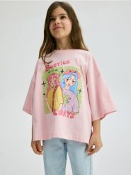 T-shirt z nadrukiem - pastelowy róż. Czerwone koszulki dziewczęce Reserved, bez wzorów, z bawełny, bez ramiączek. W wyprzedaży za 22.99 zł.