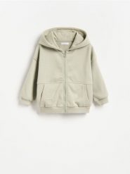 Bawełniana bluza z kapturem - oliwkowy. Zielone bluzy i bluzki niemowlęce Reserved, bez wzorów, z bawełny, bez ramiączek, z kapturem. Za 49.99 zł.
