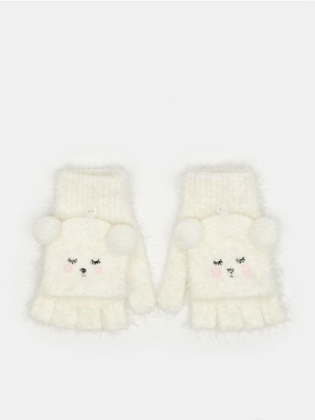 Rękawiczki misie - biały. Białe rękawiczki damskie Sinsay, bez wzorów. W wyprzedaży za 5.39 zł.