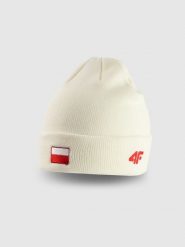 4F Czapka beanie uniseks - biała Uniwersalny. Białe czapki męskie 4f, na zimę, bez wzorów, z dzianiny, klasyczne. Za 49.99 zł.
