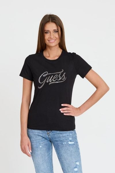 GUESS Czarny damski T-shirt bawełnany STONES&EMBRO TEE, Rozmiar M. Czarne t-shirty damskie Guess, m, z aplikacjami, bez kołnierzyka. W wyprzedaży za 170.99 zł.