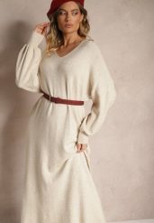 Jasnobeżowa Pudełkowa Sukienka Sweterkowa z Wiskozą ze Ściągaczami Besizia. Brązowe sukienki damskie Renee, na co dzień, s, bez wzorów, z wiskozy, eleganckie, bez kołnierzyka, bez ramiączek, maxi, proste. W wyprzedaży za 111.99 zł.