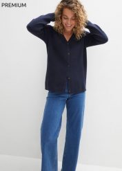 Sweter rozpinany z dzianiny Milano w prążek. Niebieskie kardigany damskie bonprix, bez wzorów, z dzianiny. Za 119.99 zł.
