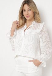 Biała Koszula Ozdobiona Falbanką i Abstrakcyjnym Wzorem Nunoria. Białe koszule damskie Born2be, l, bez wzorów, bez kołnierzyka, bez ramiączek. Za 129.99 zł.