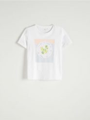 T-shirt z nadrukiem - złamana biel. T-shirty damskie Reserved, l, bez wzorów, z bawełny, bez kołnierzyka. W wyprzedaży za 15.99 zł.