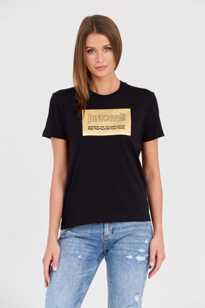 JUST CAVALLI Czarny damski t-shirt R Gold Tiger Label, Rozmiar XS. Czarne t-shirty damskie Just Cavalli, s, bez wzorów, bez kołnierzyka. W wyprzedaży za 299.99 zł.