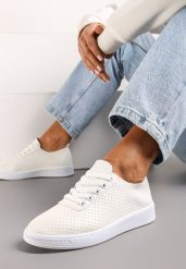 Beżowo-Białe Sznurowane Tenisówki z Ozdobną Taśmą na Tyle i Perforacją Kavinna. Brązowe trampki i tenisówki damskie Renee, bez wzorów. Za 39.99 zł.