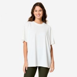 Koszulka damska Domyos Gym & Pilates 520 oversize. Białe bluzki damskie DOMYOS, xl, bez wzorów, z bawełny, bez ramiączek. Za 59.99 zł.