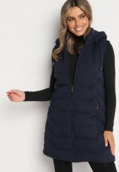 Granatowa Pikowana Kamizelka z Odpinanym Kapturem na Suwak Wykończona Sznurkami Zeneria. Niebieskie kamizelki damskie Born2be, l. Za 79.99 zł.