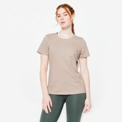 Koszulka z krótkim rękawem damska Domyos Gym & Pilates. Brązowe bluzki sportowe damskie DOMYOS, m, z bawełny, bez kołnierzyka, bez ramiączek. Za 6.49 zł.