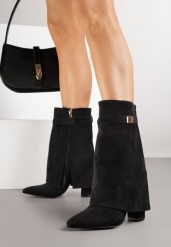 Czarne Botki z Ekozamszu na Słupkowym Obcasie z Cholewką Imitującą Nogawkę Emmidre. Czarne botki damskie Renee, z jeansu, bez obcasa, na obcasie, bez zapięcia. Za 159.99 zł.