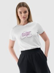 4F T-shirt slim z nadrukiem damski - biały XL. Białe t-shirty damskie 4f, xl, bez wzorów, z bawełny, bez kołnierzyka. W wyprzedaży za 29.99 zł.