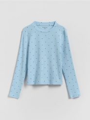 Prążkowana koszulka w kropki - niebieski. Niebieskie koszulki dziewczęce Reserved, bez wzorów, z dzianiny, bez ramiączek. Za 29.99 zł.