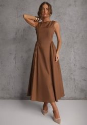 Brązowa Rozkloszowana Sukienka Koktajlowa z Bawełny z Dekoltem Łódką i Kieszeniami Fanilra. Brązowe sukienki damskie Renee, na studniówkę, m, bez wzorów, z bawełny, klasyczne, bez kołnierzyka, bez ramiączek, maxi, rozkloszowane. Za 159.99 zł.