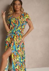 Żółta Sukienka z Bawełny w Abstrakcyjny Wzór Emisienna. Żółte sukienki damskie Renee, na imprezę, na lato, l, bez wzorów, z bawełny, eleganckie, bez kołnierzyka, bez ramiączek, maxi. W wyprzedaży za 52.49 zł.
